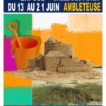 Affiche de l’exposition de La Palette Outreloise à la salle des fêtes d’Ambleteuse, du 13 au 21 juin, avec une composition artistique colorée représentant un château de sable, un seau de plage et des éléments graphiques inspirés de la peinture.