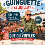 Affiche annonçant l’animation « Ambiance guinguette » organisée le 14 juillet à Ambleteuse, de 15h à 19h, place de la Salle des Fêtes. L’événement propose une animation musicale 100 % vinyles avec Que du Vinyles – La Caravane qui sillonne, dans une ambiance festive et familiale, avec buvette et petite restauration.