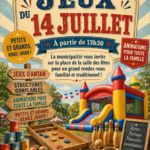 Affiche des Jeux du 14 Juillet à Ambleteuse, organisés le mardi 14 juillet 2026 à partir de 13h30 sur la place de la salle des fêtes. L’événement propose des jeux d’antan, des structures gonflables et des animations pour toute la famille.