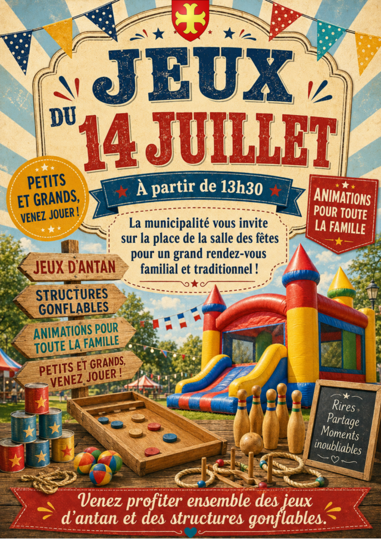 Affiche des Jeux du 14 Juillet à Ambleteuse, organisés le mardi 14 juillet 2026 à partir de 13h30 sur la place de la salle des fêtes. L’événement propose des jeux d’antan, des structures gonflables et des animations pour toute la famille.