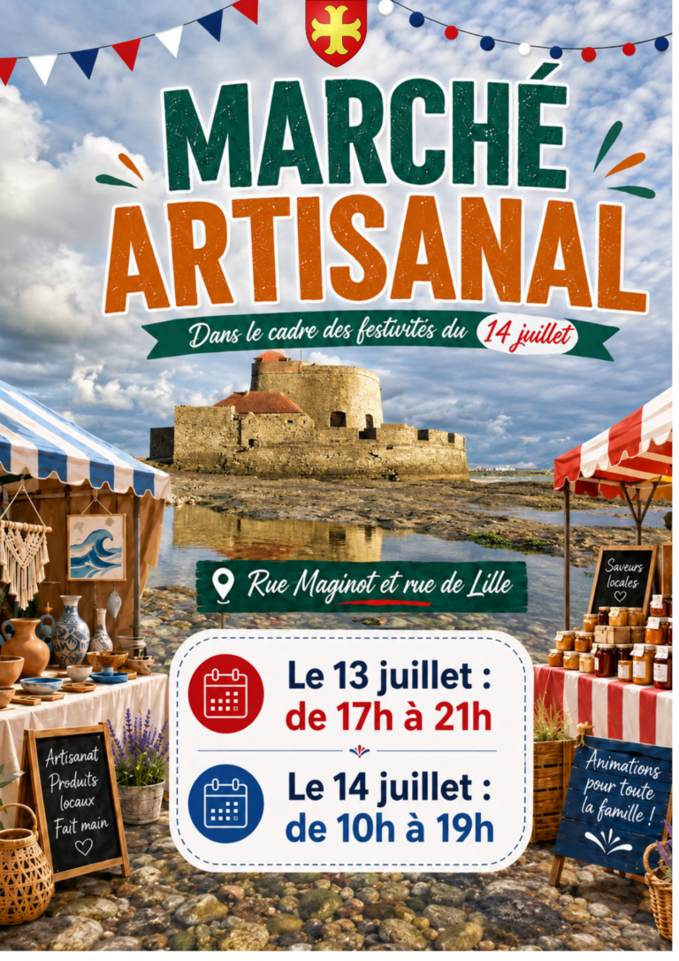 Affiche du marché artisanal organisé à Ambleteuse dans le cadre des festivités du 14 juillet. Le marché se déroule rue Maginot et rue de Lille, le 13 juillet de 17h à 21h et le 14 juillet de 10h à 19h. L’affiche présente des stands d’artisanat et de produits locaux, avec le Fort d’Ambleteuse en arrière-plan.