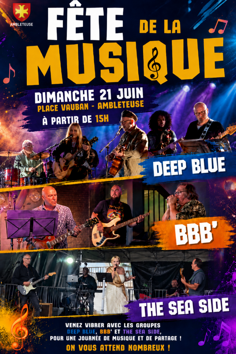 Affiche colorée annonçant la Fête de la Musique à Ambleteuse, samedi 21 juin dès 15h Place Vauban, avec des photos des groupes Deep Blue et BBB’ et the sea side sur fond de scène musicale lumineuse