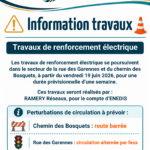 Visuel municipal d’information travaux indiquant la poursuite de travaux de renforcement électrique rue des Garennes et chemin des Bosquets à Ambleteuse à partir du vendredi 19 juin 2026, avec route barrée chemin des Bosquets et circulation alternée par feux rue des Garennes.