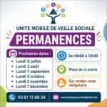 Affiche annonçant les permanences de l’Unité Mobile de Veille Sociale à Ambleteuse, place de la mairie, de 10h00 à 12h30, sur rendez-vous obligatoire.