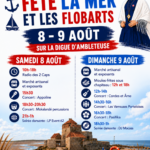 Affiche du programme d’Ambleteuse fête la Mer et les flobarts, organisée les samedi 8 et dimanche 9 août 2026 sur la digue, avec concerts, soirées dansantes, marché artisanal, exposants et restauration moules-frites et saucisses uniquement le dimanche.