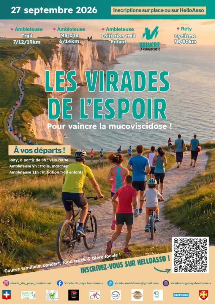Affiche présentant les Virades de l’Espoir organisées le dimanche 27 septembre 2026. Les participants pourront prendre part à des trails de 7, 12 ou 19 km, des marches de 6 ou 14 km, une initiation au trail pour les enfants et des parcours cyclistes de 30 ou 50 km au départ de Réty.