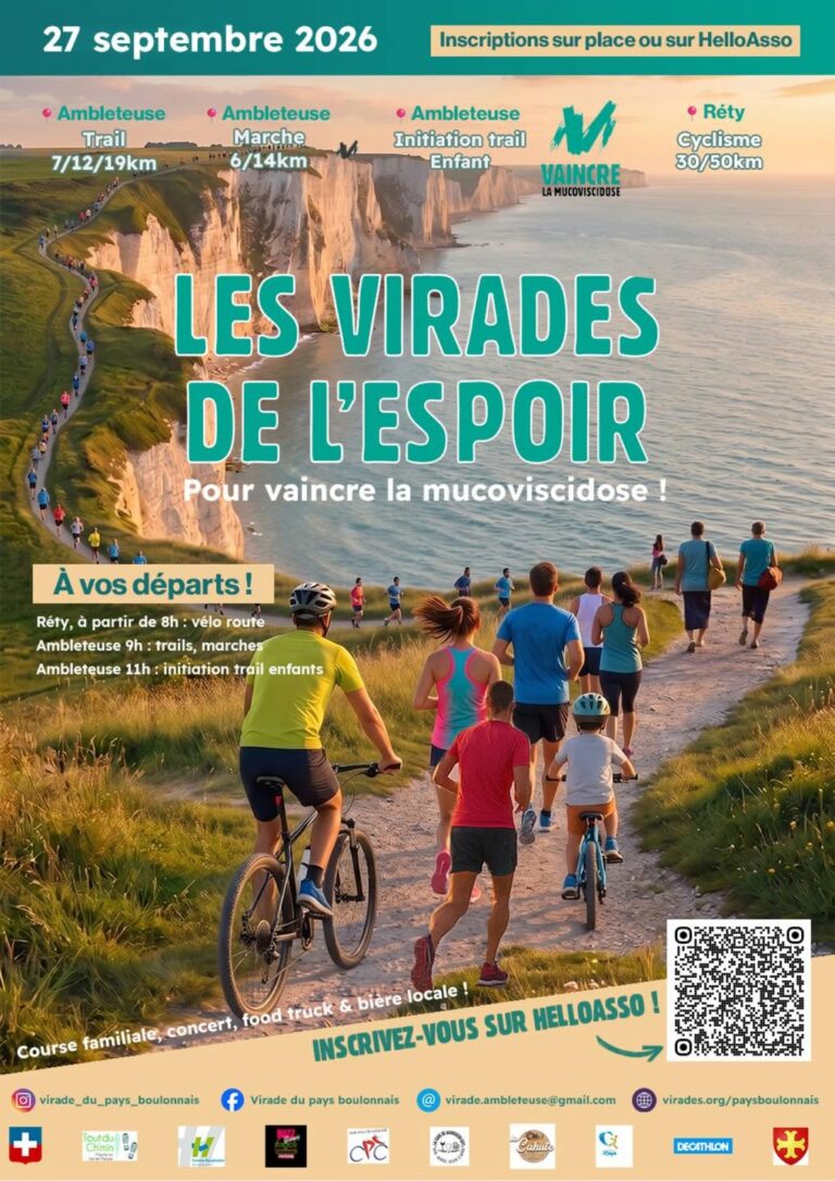 Affiche présentant les Virades de l’Espoir organisées le dimanche 27 septembre 2026. Les participants pourront prendre part à des trails de 7, 12 ou 19 km, des marches de 6 ou 14 km, une initiation au trail pour les enfants et des parcours cyclistes de 30 ou 50 km au départ de Réty.