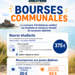 Affiche des bourses communales de la commune d’Ambleteuse pour l’année 2026-2027. Une bourse de 375 euros est proposée aux bacheliers poursuivant des études supérieures. La commune récompense également les jeunes diplômés avec une carte cadeau de 30 euros pour le brevet et de 40 euros pour les diplômes obtenus après le brevet et jusqu’au baccalauréat. Les demandes doivent être déposée