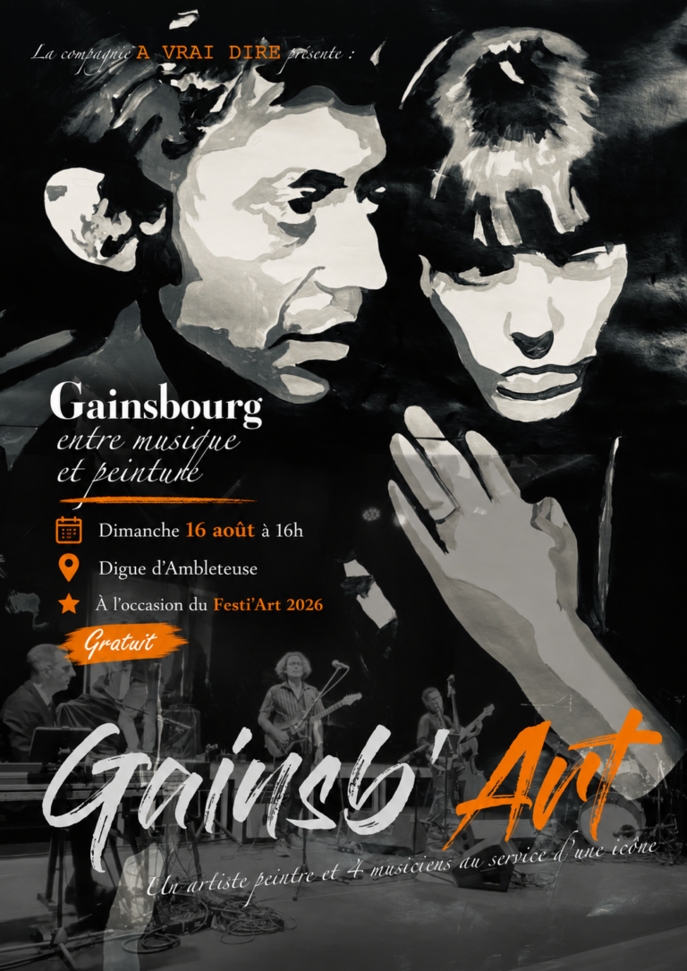 Affiche du spectacle Gainsb’Art, hommage à Serge Gainsbourg mêlant quatre musiciens et un artiste peintre réalisant des portraits en direct, dimanche 16 août 2026 à 16h sur la digue d’Ambleteuse.