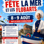Affiche de l’événement « Ambleteuse fête la mer et les flobarts », organisé les samedi 8 et dimanche 9 août 2026 à partir de 10h sur la digue d’Ambleteuse. Au programme : animations, marché artisanal, exposition de flobarts, dégustations de produits de la mer, concerts, soirées dansantes et moules-frites sous chapiteau le dimanche à 12h et 18h.