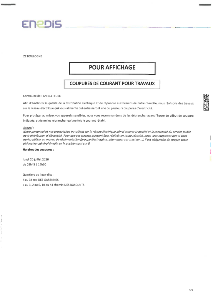 Avis Enedis annonçant une coupure de courant pour travaux à Ambleteuse le lundi 20 juillet 2026, de 8h45 à 16h00, concernant la rue des Garennes et le chemin des Bosquets.