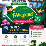 Affiche annonçant la sortie familiale à Fééryland organisée par le CCAS de la commune d’Ambleteuse le samedi 22 août 2026 à Tournehem-sur-la-Hem. Inscriptions en mairie les vendredis 24 juillet, 31 juillet et 7 août de 9h à 12h. Sortie réservée aux habitants d’Ambleteuse.