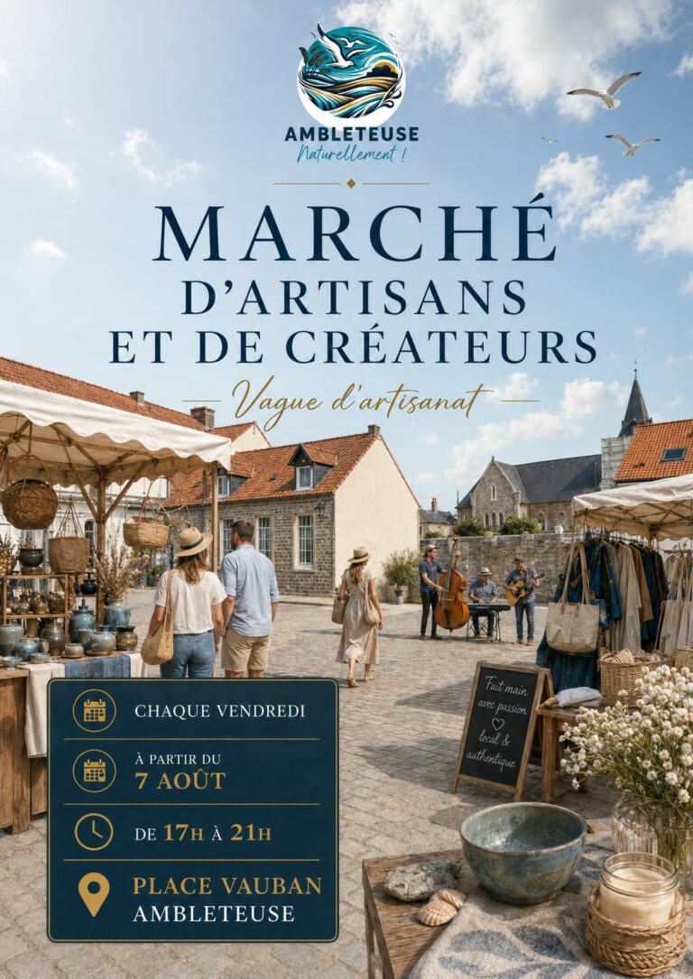 Affiche du Marché d’artisans et de créateurs organisé chaque vendredi à partir du 7 août 2026, de 17h à 21h, place Vauban à Ambleteuse.
