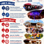 Affiche du programme de la Fête nationale 2026 à Ambleteuse, présentant les animations prévues les 13 et 14 juillet : marché artisanal, bal populaire, cérémonie officielle, jeux, guinguette et concert Voice Tour.