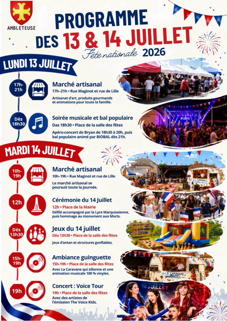 Affiche du programme de la Fête nationale 2026 à Ambleteuse, présentant les animations prévues les 13 et 14 juillet : marché artisanal, bal populaire, cérémonie officielle, jeux, guinguette et concert Voice Tour.
