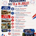 Affiche du programme de la Fête nationale 2026 à Ambleteuse, présentant les animations prévues les 13 et 14 juillet : marché artisanal, bal populaire, cérémonie officielle, jeux, guinguette et concert Voice Tour.