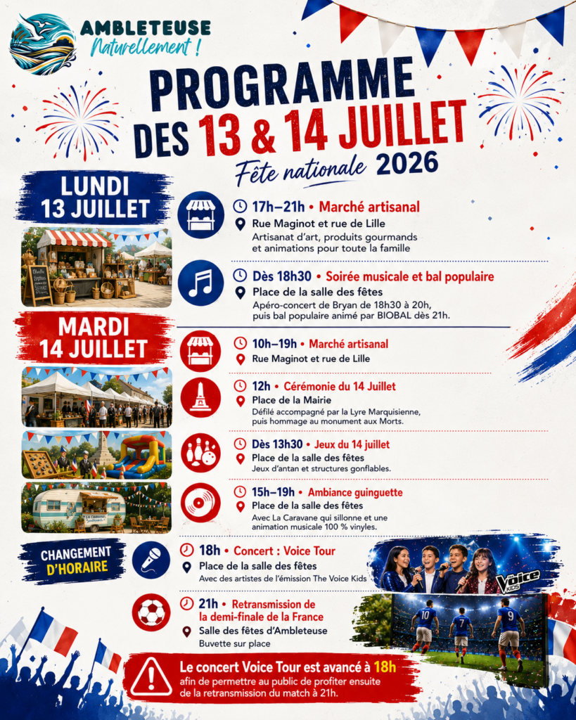 Affiche du programme de la Fête nationale 2026 à Ambleteuse, présentant les animations prévues les 13 et 14 juillet : marché artisanal, bal populaire, cérémonie officielle, jeux, guinguette et concert Voice Tour.
