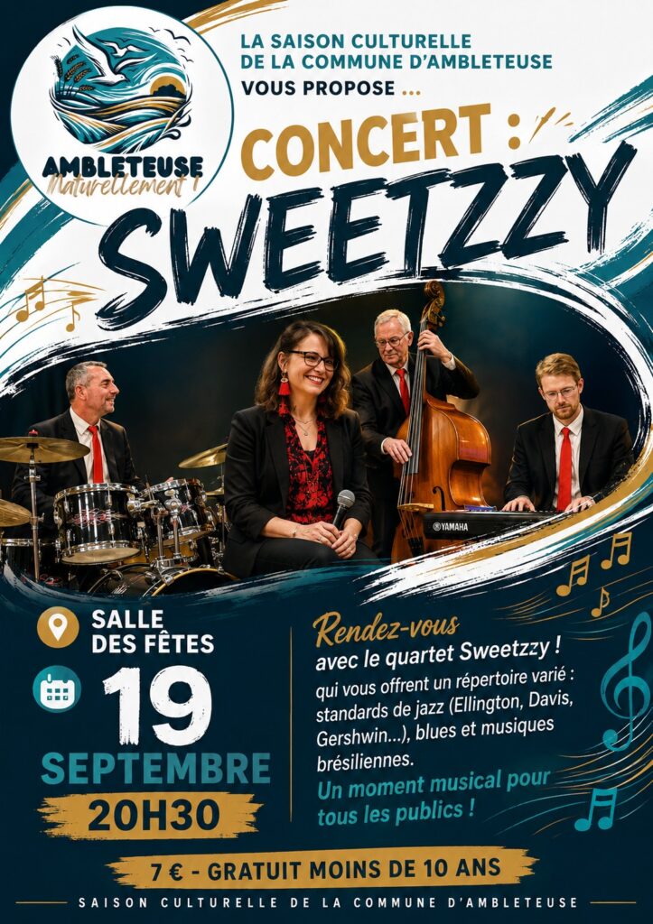Sweetzzy vous donne rendez-vous vendredi 19 septembre à 20h30 à la Salle des fêtes d’Ambleteuse. Le quartet proposera un voyage musical entre standards de jazz, blues et musiques brésiliennes. Tarif : 7 € – gratuit pour les moins de 10 ans