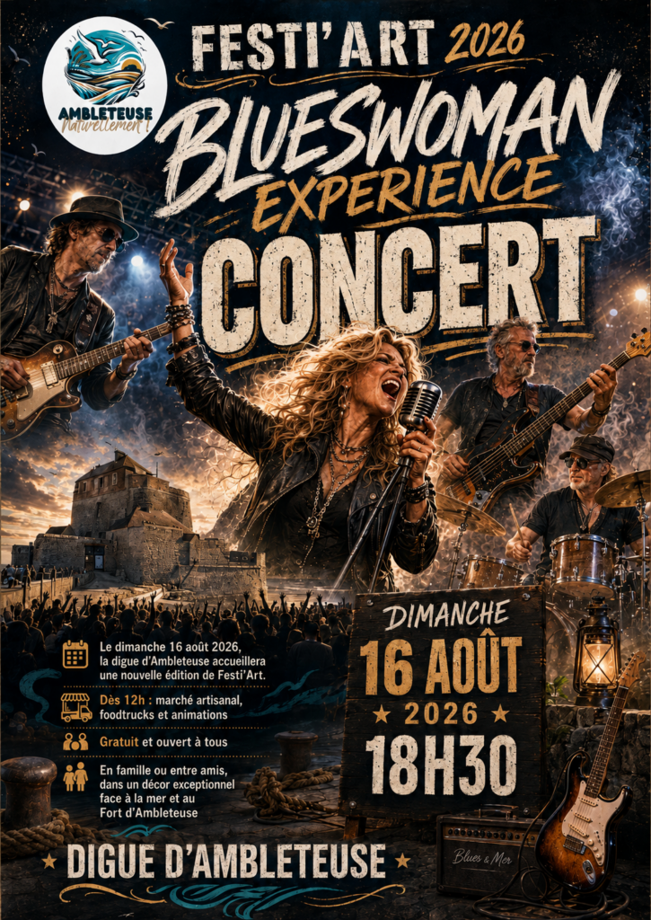 Affiche Festi’Art 2026 à Ambleteuse annonçant le concert de Blueswoman Experience le dimanche 16 août à 18h30 sur la digue.