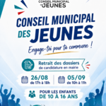 Affiche du Conseil Municipal des Jeunes d’Ambleteuse. Les jeunes âgés de 10 à 16 ans peuvent retirer un dossier de candidature en mairie le mercredi 26 août 2026 de 17h à 18h ou le samedi 5 septembre 2026 de 10h à 11h. Slogan : « Engage-toi pour ta commune ! »