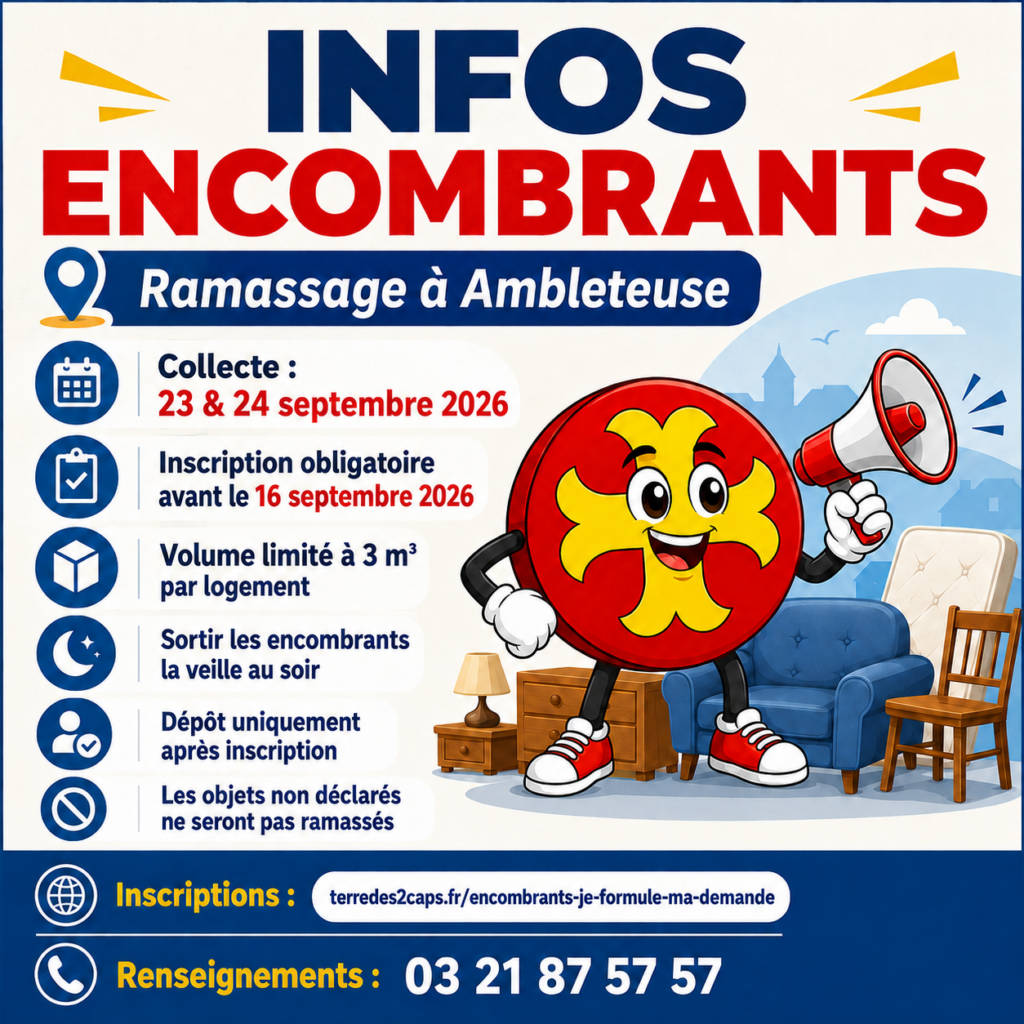 Affiche « Infos encombrants » annonçant le ramassage à Ambleteuse les 23 et 24 septembre 2026. Inscription obligatoire avant le 16 septembre, volume limité à 3 m³ par logement et dépôt des objets la veille au soir. Renseignements au 03 21 87 57 57.