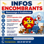 Affiche « Infos encombrants » annonçant le ramassage à Ambleteuse les 23 et 24 septembre 2026. Inscription obligatoire avant le 16 septembre, volume limité à 3 m³ par logement et dépôt des objets la veille au soir. Renseignements au 03 21 87 57 57.