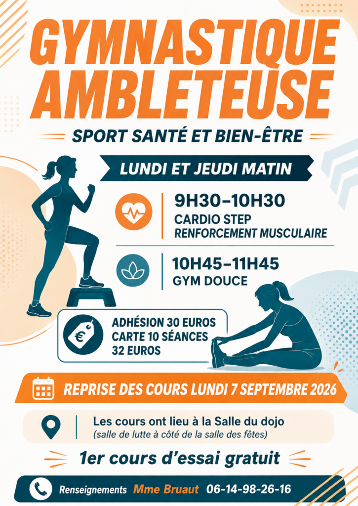 Affiche Gymnastique Ambleteuse – reprise des cours lundi 7 septembre 2026, horaires et tarifs pour la saison 2026-2027.