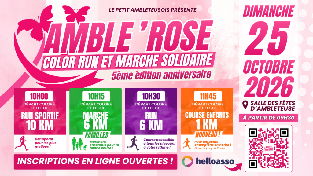 Affiche Amble’Rose 2026 Color Run et marche solidaire à Ambleteuse le 25 octobre 2026