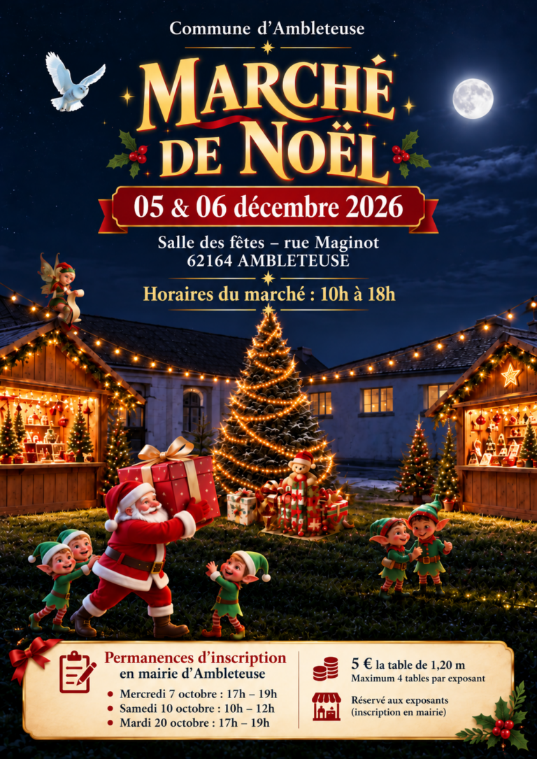 Affiche du Marché de Noël d’Ambleteuse des 5 et 6 décembre 2026 à la salle des fêtes