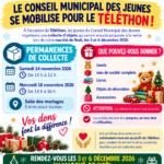 Affiche de la collecte solidaire organisée par le Conseil Municipal des Jeunes d’Ambleteuse au profit du Téléthon 2026. Dépôt des dons les 14 et 18 novembre à la salle des mariages, place Vauban. Objets revendus au Marché de Noël les 5 et 6 décembre.