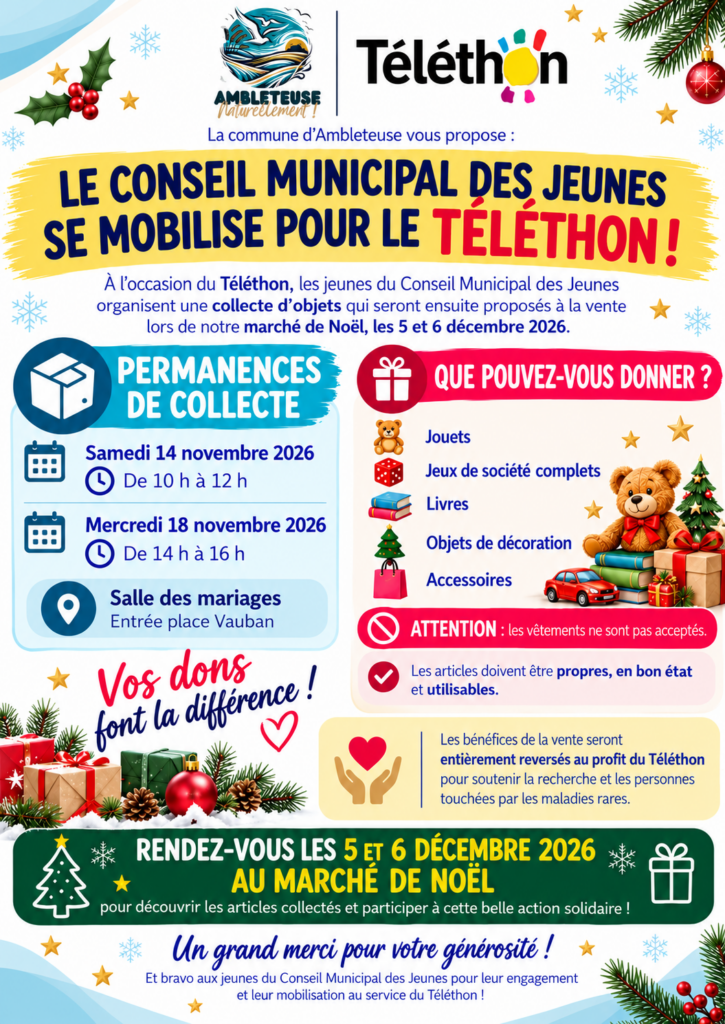 Affiche de la collecte solidaire organisée par le Conseil Municipal des Jeunes d’Ambleteuse au profit du Téléthon 2026. Dépôt des dons les 14 et 18 novembre à la salle des mariages, place Vauban. Objets revendus au Marché de Noël les 5 et 6 décembre.
