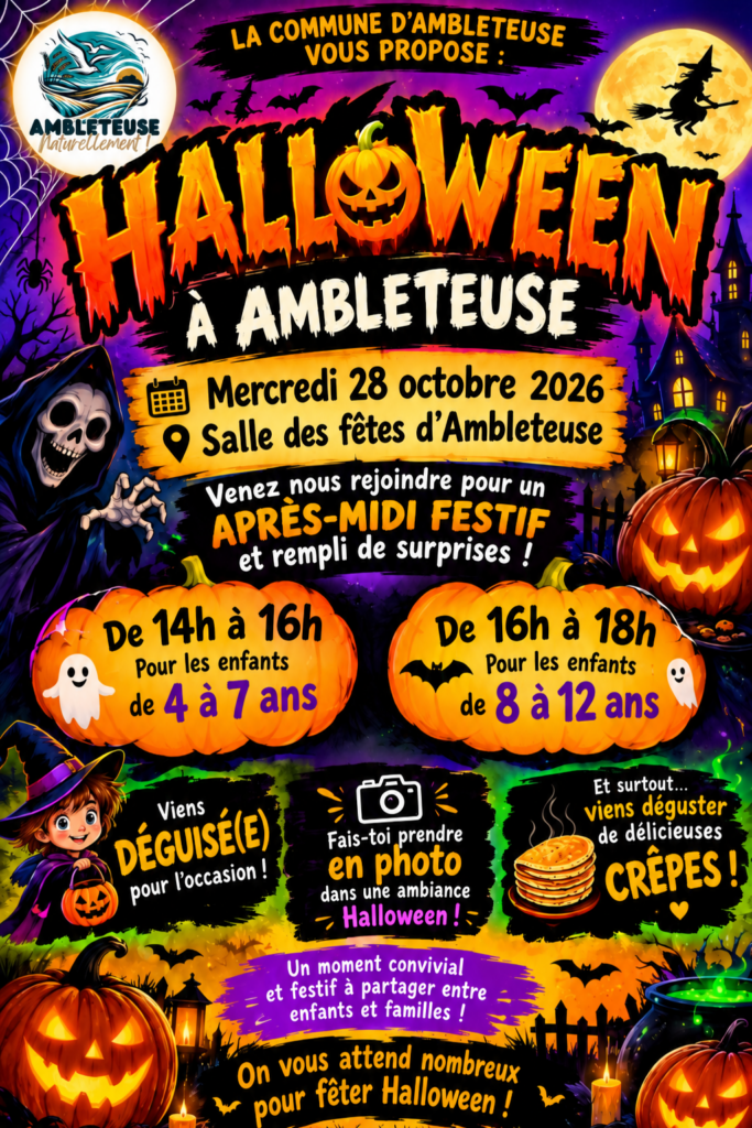 Affiche Halloween à Ambleteuse le mercredi 28 octobre 2026, à la salle des fêtes. Animations pour les enfants de 4 à 7 ans de 14h à 16h et de 8 à 12 ans de 16h à 18h. Déguisements, photos et crêpes au programme.