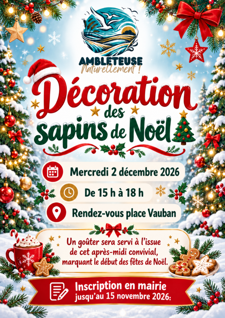 Affiche de la décoration des sapins de Noël à Ambleteuse, mercredi 2 décembre 2026, de 15 h à 18 h, place Vauban.