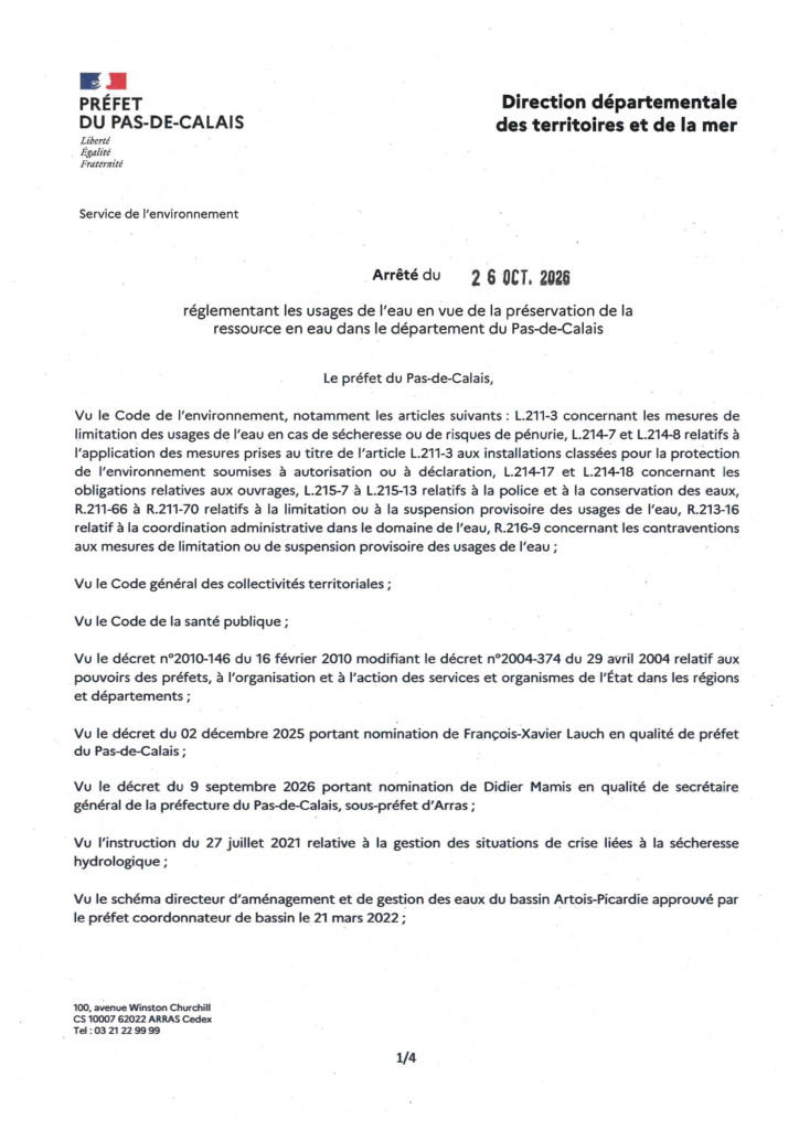 Première page de l’arrêté préfectoral du 26 octobre 2026 réglementant les usages de l’eau dans le Pas-de-Calais. Ambleteuse est concernée par l’alerte renforcée.