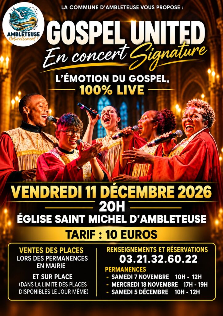 Affiche du concert Gospel United Signature à l'église Saint-Michel d'Ambleteuse, vendredi 11 décembre 2026 à 20h.